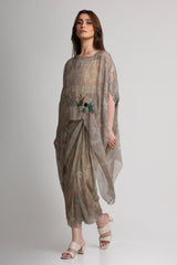 Pearl Mouse Grey Abstract print Kaftan top and skirt set
