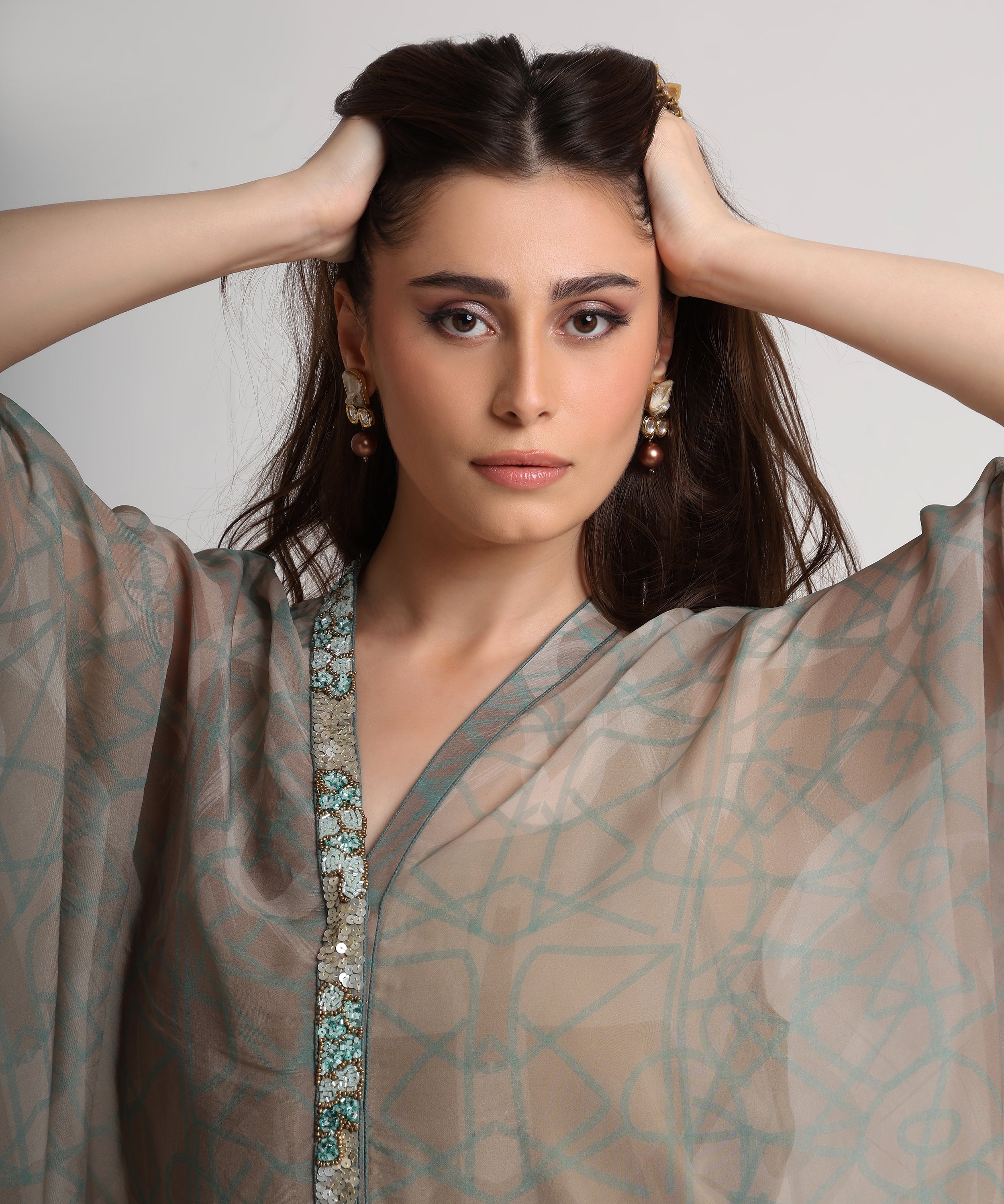 Pearl Mouse Grey Abstract print kaftan dress