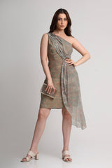 Pearl Mouse Grey Abstract print one shoulder short dress