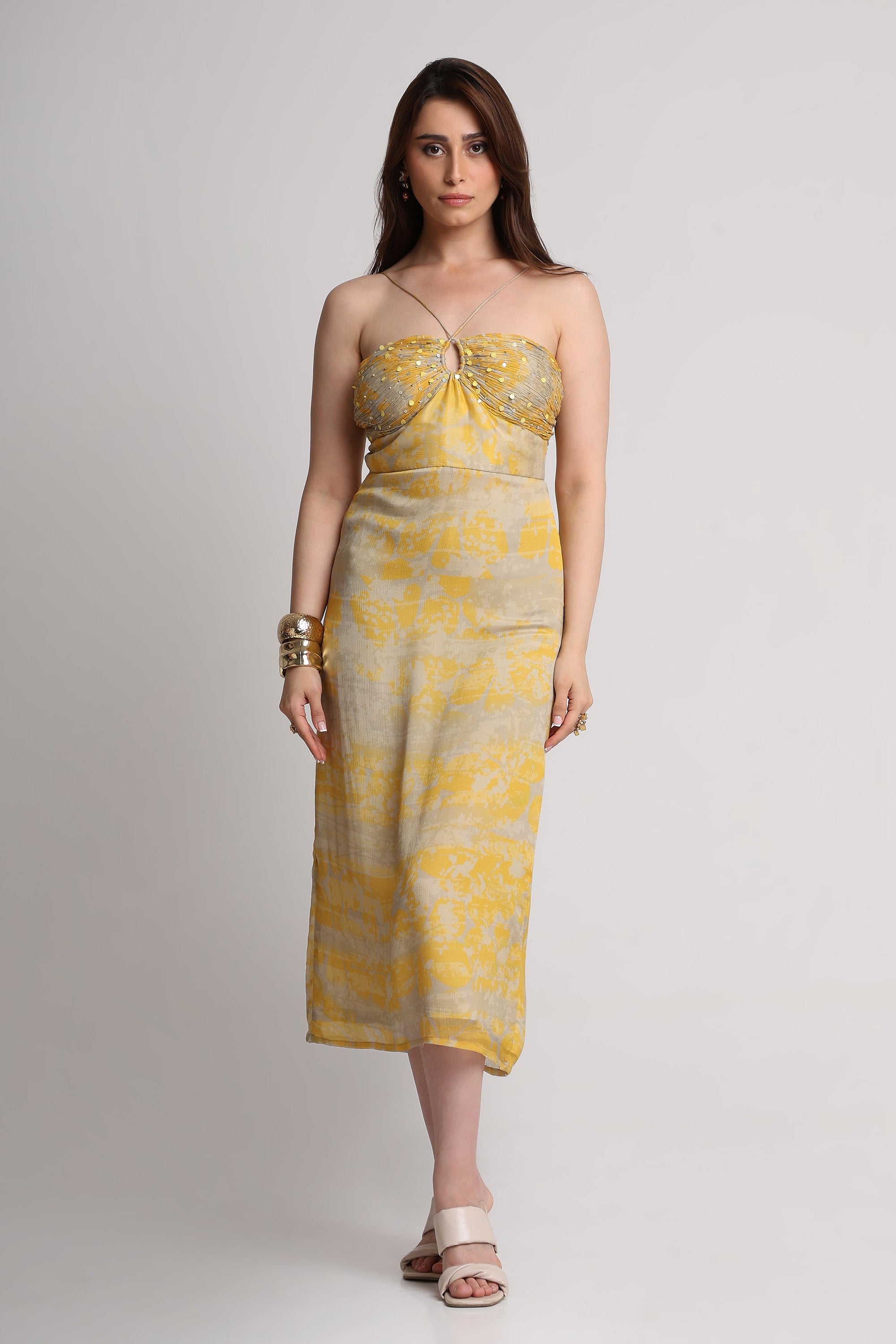Grey yellow forest print noodle strap midi dress