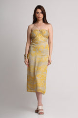Grey yellow forest print noodle strap midi dress