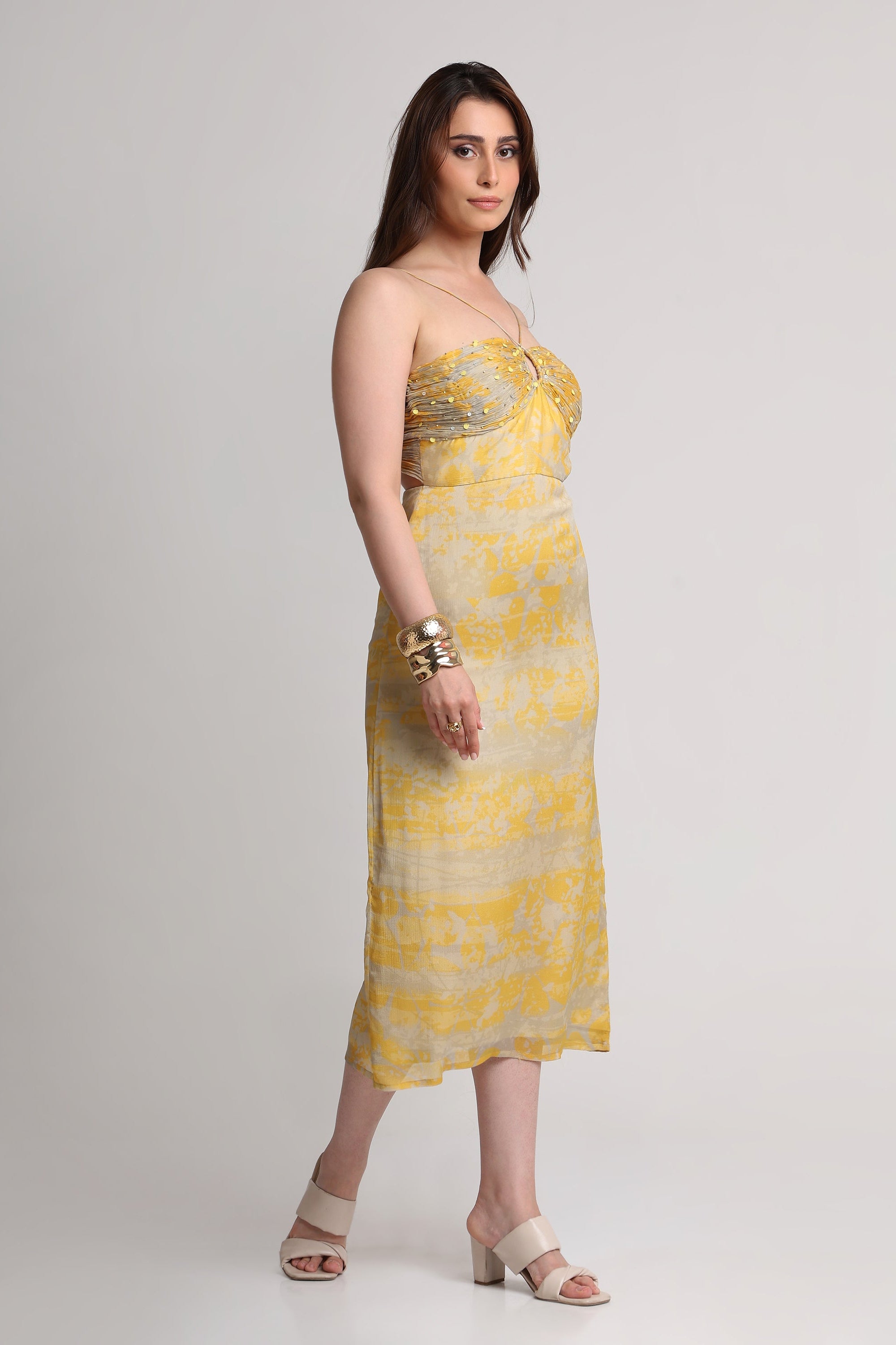 Grey yellow forest print noodle strap midi dress
