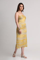 Grey yellow forest print noodle strap midi dress
