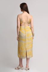 Grey yellow forest print noodle strap midi dress