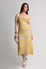 Grey yellow forest print noodle strap midi dress